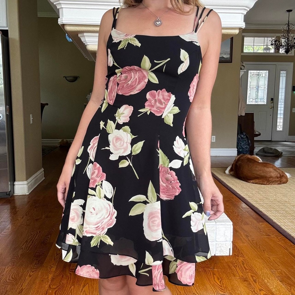 Hampton Nites black rose printed mini dress going out whimsygoth party vintage